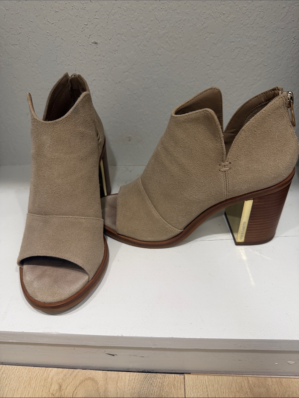 Vince Camuto Taupe Open-Toe Suede Block Heel Booties